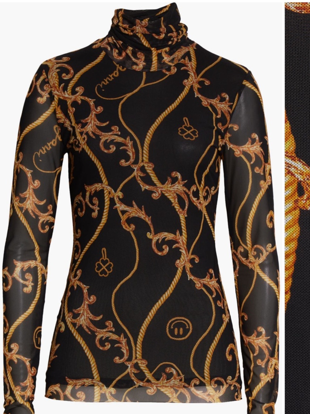 Ganni Signature Scroll Print Mesh Turtleneck Top